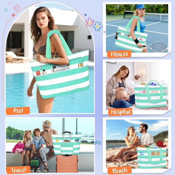 Women's Green White Waterproof Sandproof Xl Tote Zipper Foldable Beach Bags - Picture 7 of 8